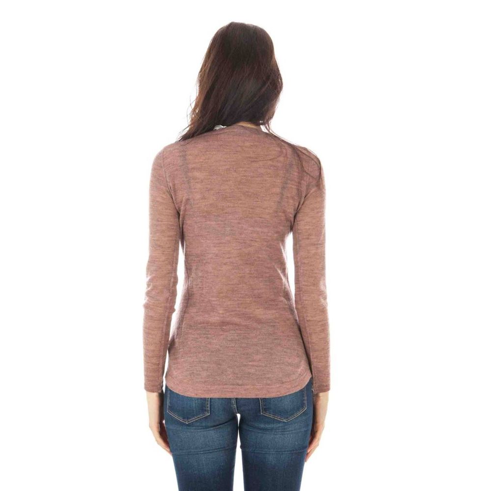 Pink Wool Roundneck Half Button Sweater