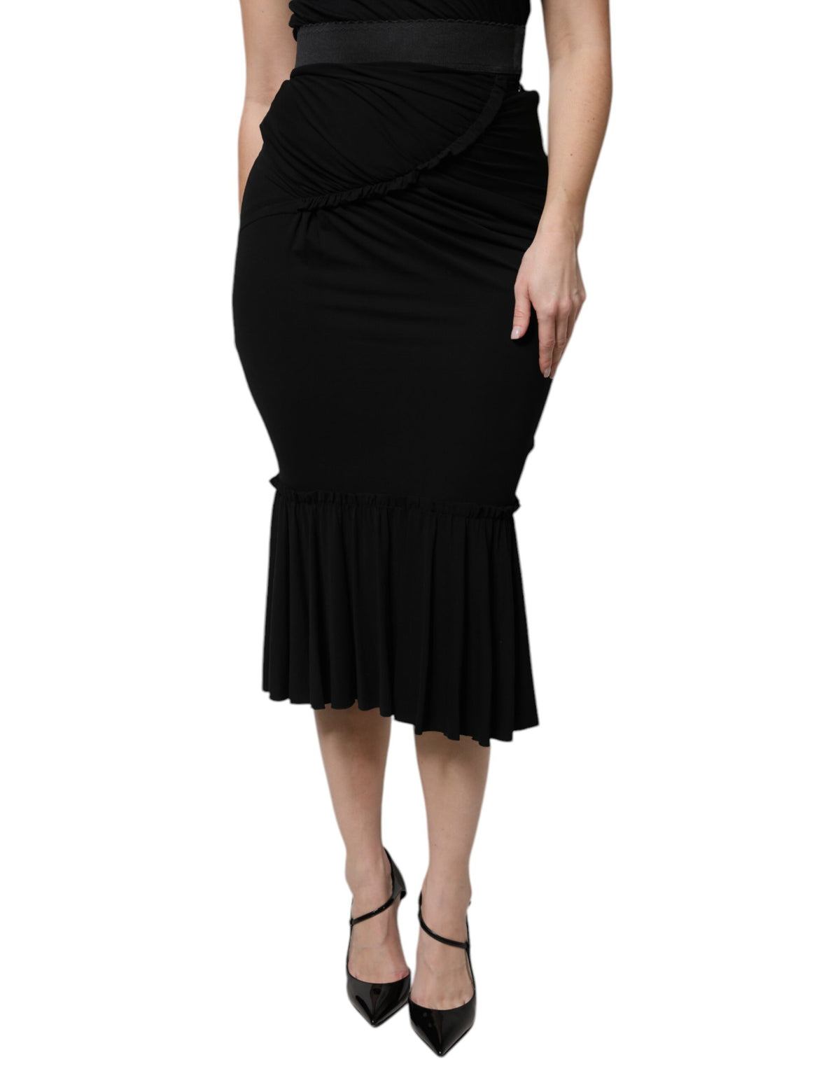 Dolce & Gabbana Women's Flared High Rise Stretch Viscose Midi Skirt - Black