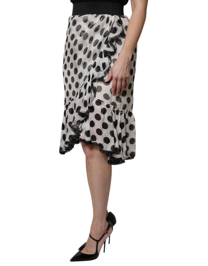 Dolce & Gabbana Women's High Rise Stretch Cotton Nylon & Silk Knee Skirt - Black White Dots Print