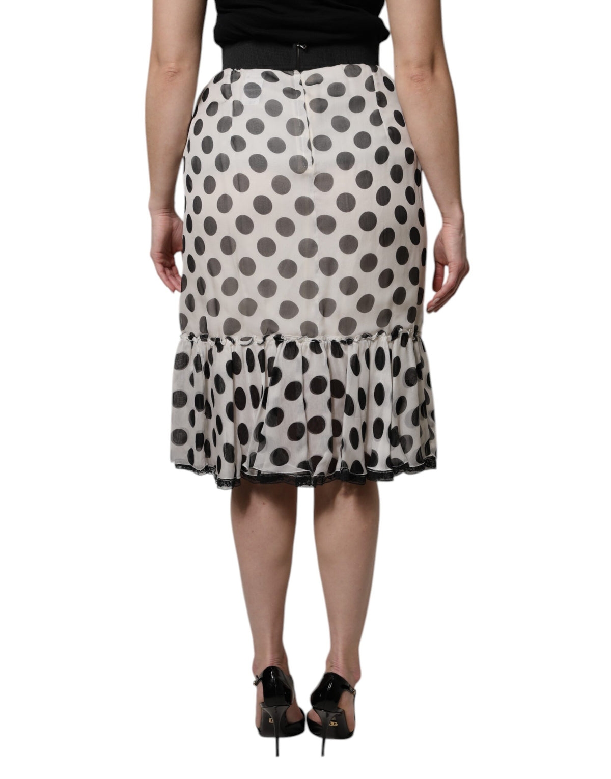 Dolce & Gabbana Women's High Rise Stretch Cotton Nylon & Silk Knee Skirt - Black White Dots Print