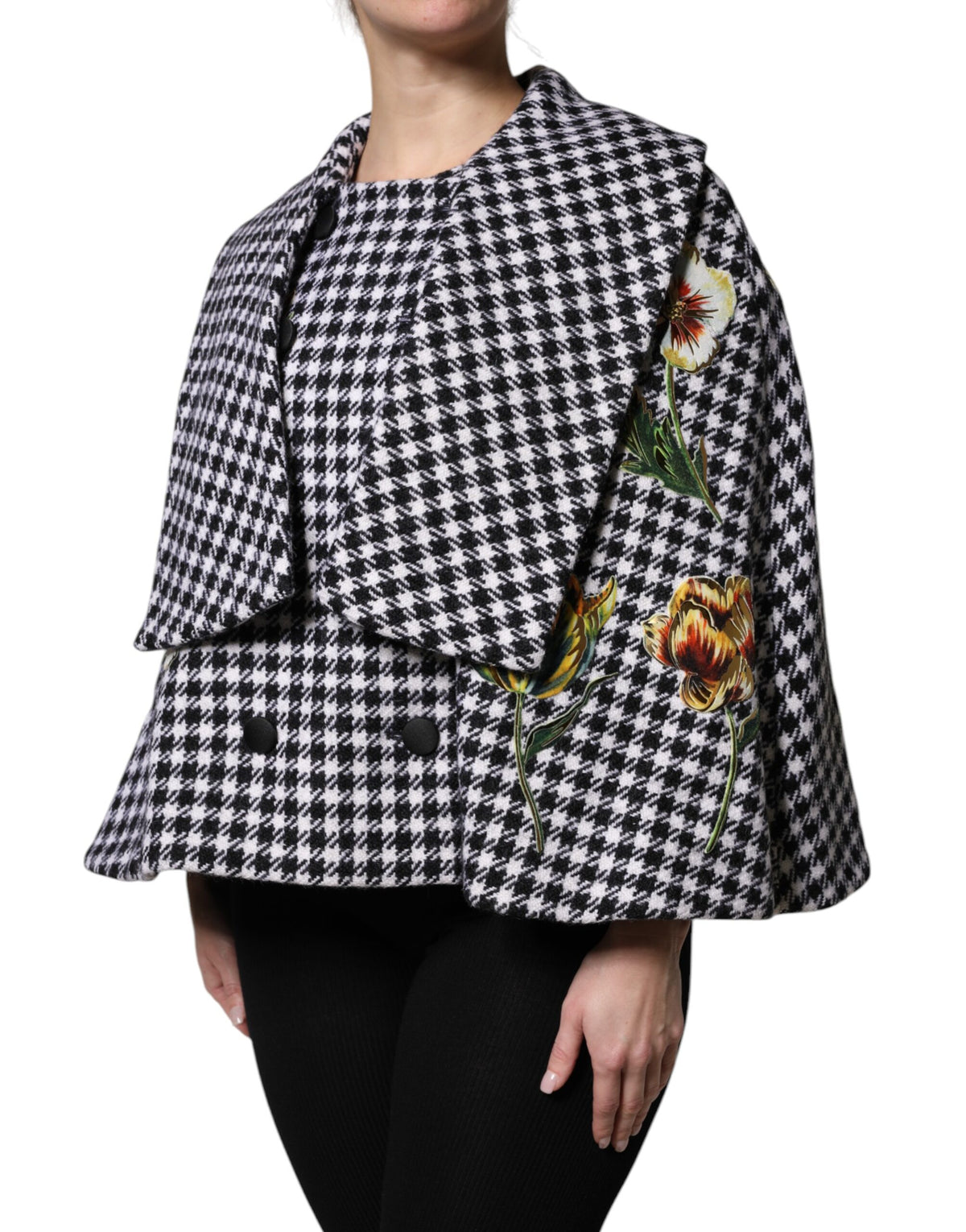 Dolce & Gabbana 9 To 5 Women's Virgin Wool Silk & Elastane Cape - Black White Patterned Floral