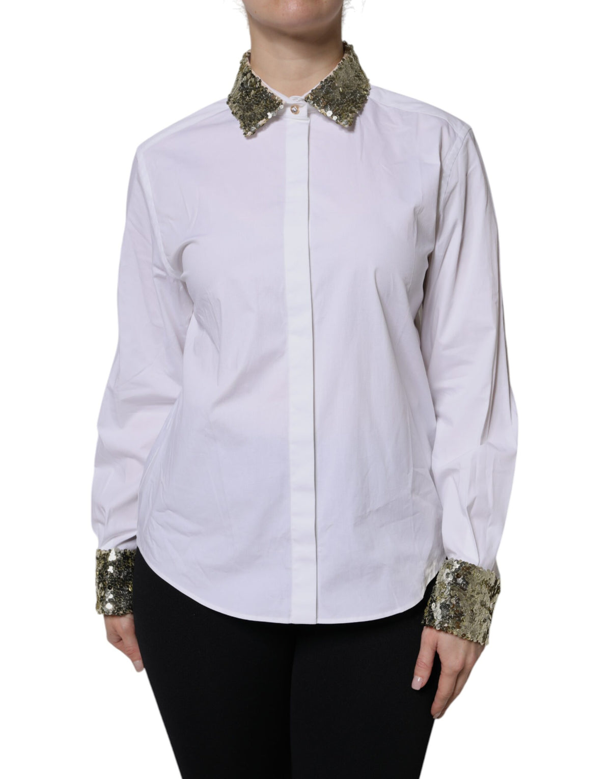 Dolce & Gabbana Women's Long-Sleeve Cotton Polyester & Sequins Dress Shirt - White