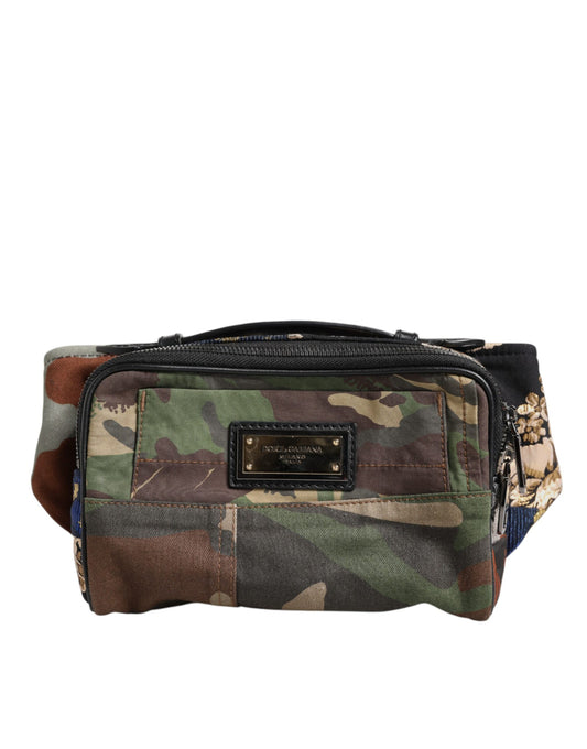 Fanny Pack Backpack by Dolce & Gabbana for men in leather & cotton multicolor, camouflage & patchwork features a stately Leather Cotton Fanny Pack Backpack design, showcasing a secure zipper, ample , and versatile belt-strap for a stately finish.