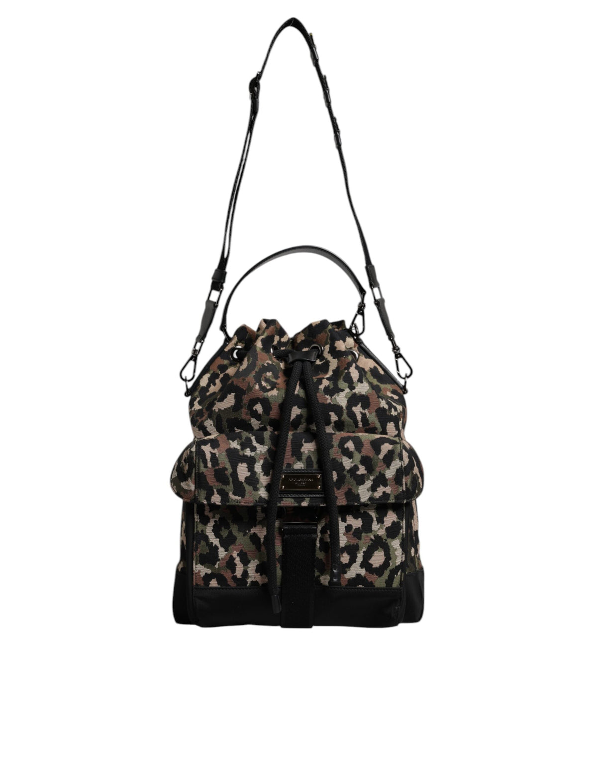 Dolce & Gabbana Leather Poly Cotton Bucket Shoulder Bag - Black Multicolor Leopard Print Print