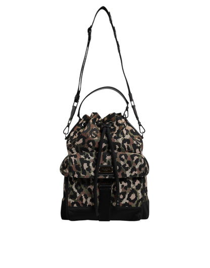 Dolce & Gabbana Leather Poly Cotton Bucket Shoulder Bag - Black Multicolor Leopard Print Print
