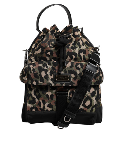 Dolce & Gabbana Leather Poly Cotton Bucket Shoulder Bag - Black Multicolor Leopard Print Print