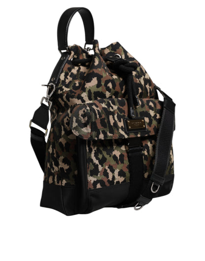 Dolce & Gabbana Leather Poly Cotton Bucket Shoulder Bag - Black Multicolor Leopard Print Print