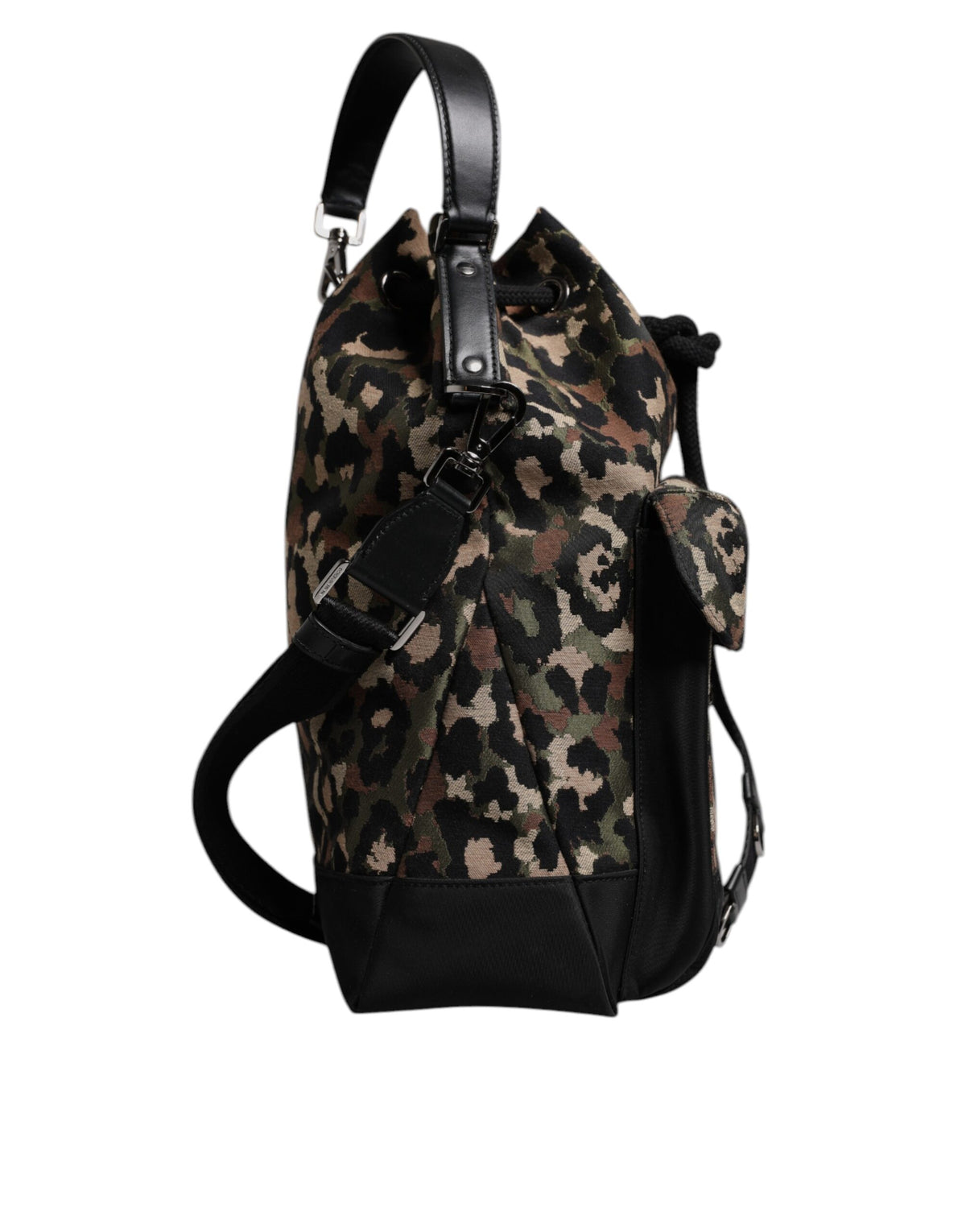 Dolce & Gabbana Leather Poly Cotton Bucket Shoulder Bag - Black Multicolor Leopard Print Print