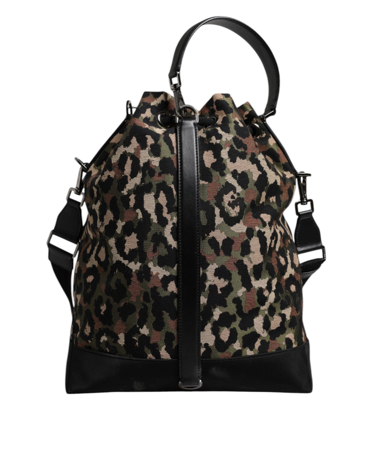 Dolce & Gabbana Leather Poly Cotton Bucket Shoulder Bag - Black Multicolor Leopard Print Print