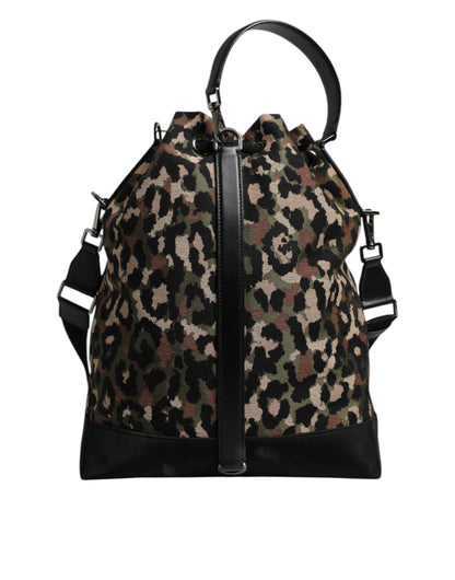 Dolce & Gabbana Leather Poly Cotton Bucket Shoulder Bag - Black Multicolor Leopard Print Print