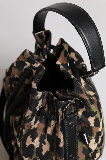 Dolce & Gabbana Leather Poly Cotton Bucket Shoulder Bag - Black Multicolor Leopard Print Print
