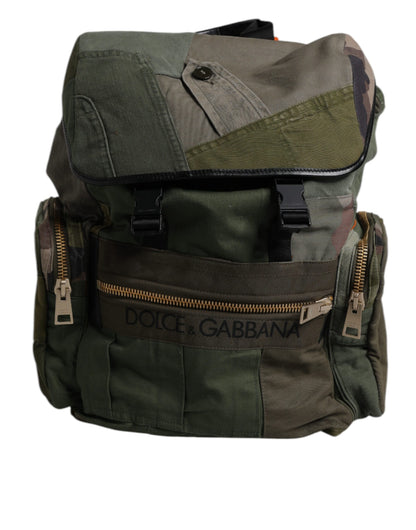 Dolce & Gabbana Cotton Leather Large Travel Drawstring Backpack - Military Green Camouflage Patchwork