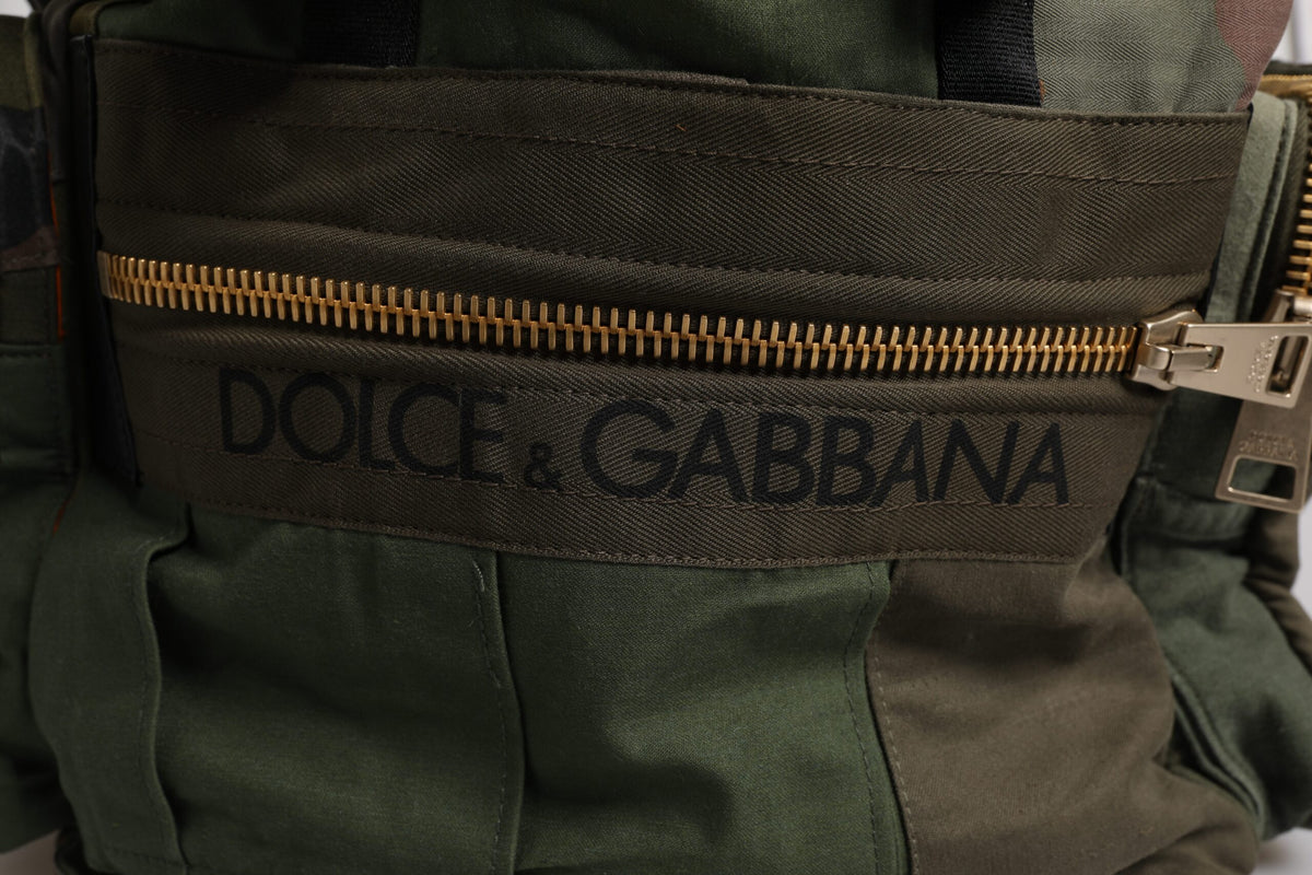 Dolce & Gabbana Cotton Leather Large Travel Drawstring Backpack - Military Green Camouflage Patchwork