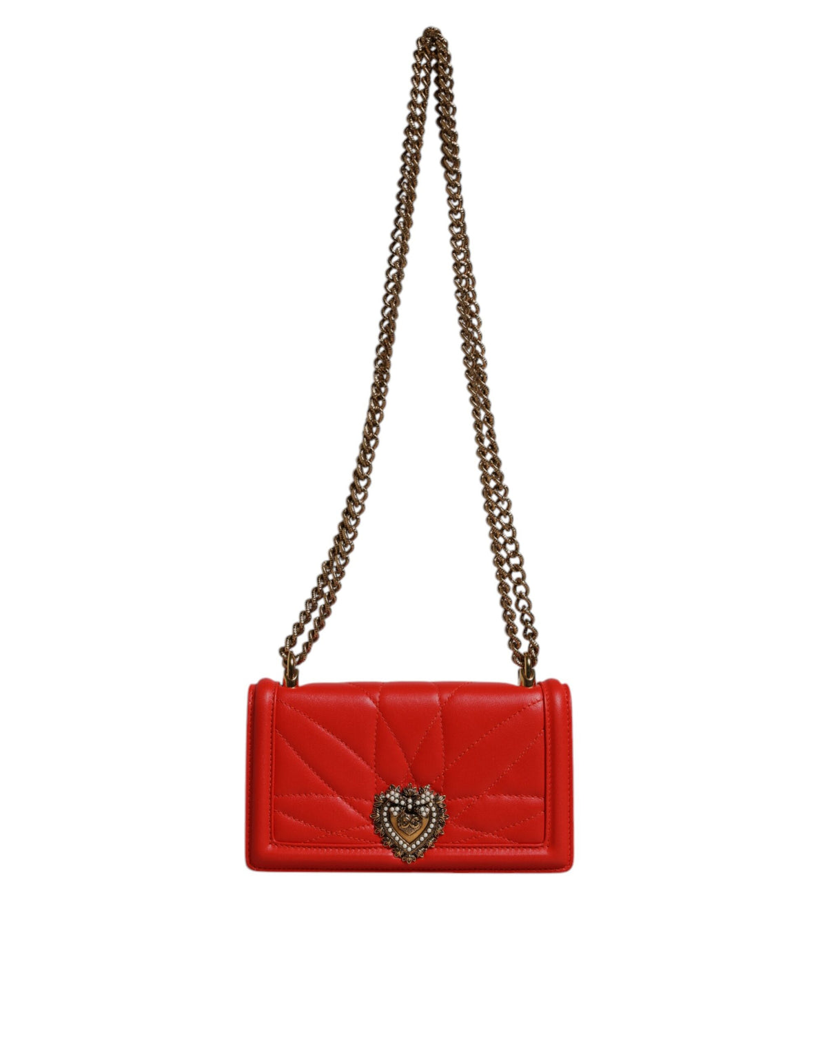 Dolce & Gabbana Devotion Lamb Leather Medium Quilted Crossbody Phone Holder Handbag - Gold Red