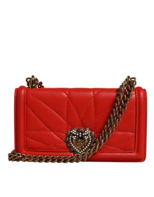 Dolce & Gabbana Devotion Lamb Leather Medium Quilted Crossbody Phone Holder Handbag - Gold Red