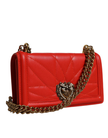 Dolce & Gabbana Devotion Lamb Leather Medium Quilted Crossbody Phone Holder Handbag - Gold Red