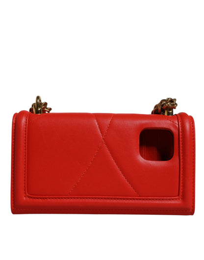 Dolce & Gabbana Devotion Lamb Leather Medium Quilted Crossbody Phone Holder Handbag - Gold Red