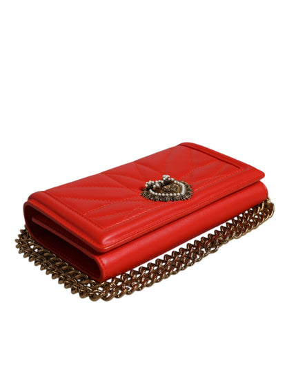 Dolce & Gabbana Devotion Lamb Leather Medium Quilted Crossbody Phone Holder Handbag - Gold Red