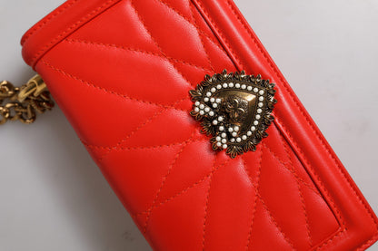 Dolce & Gabbana Devotion Lamb Leather Medium Quilted Crossbody Phone Holder Handbag - Gold Red