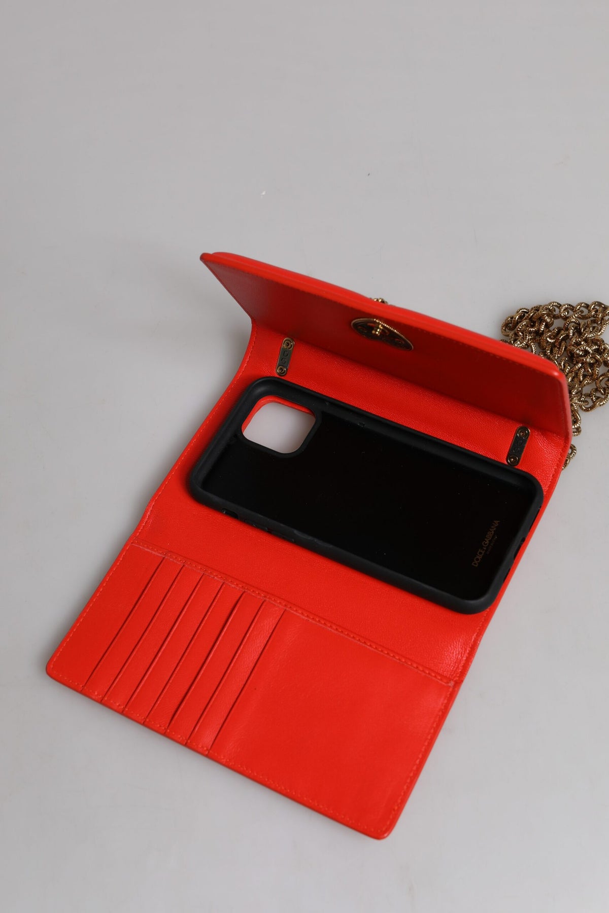 Dolce & Gabbana Devotion Lamb Leather Medium Quilted Crossbody Phone Holder Handbag - Gold Red