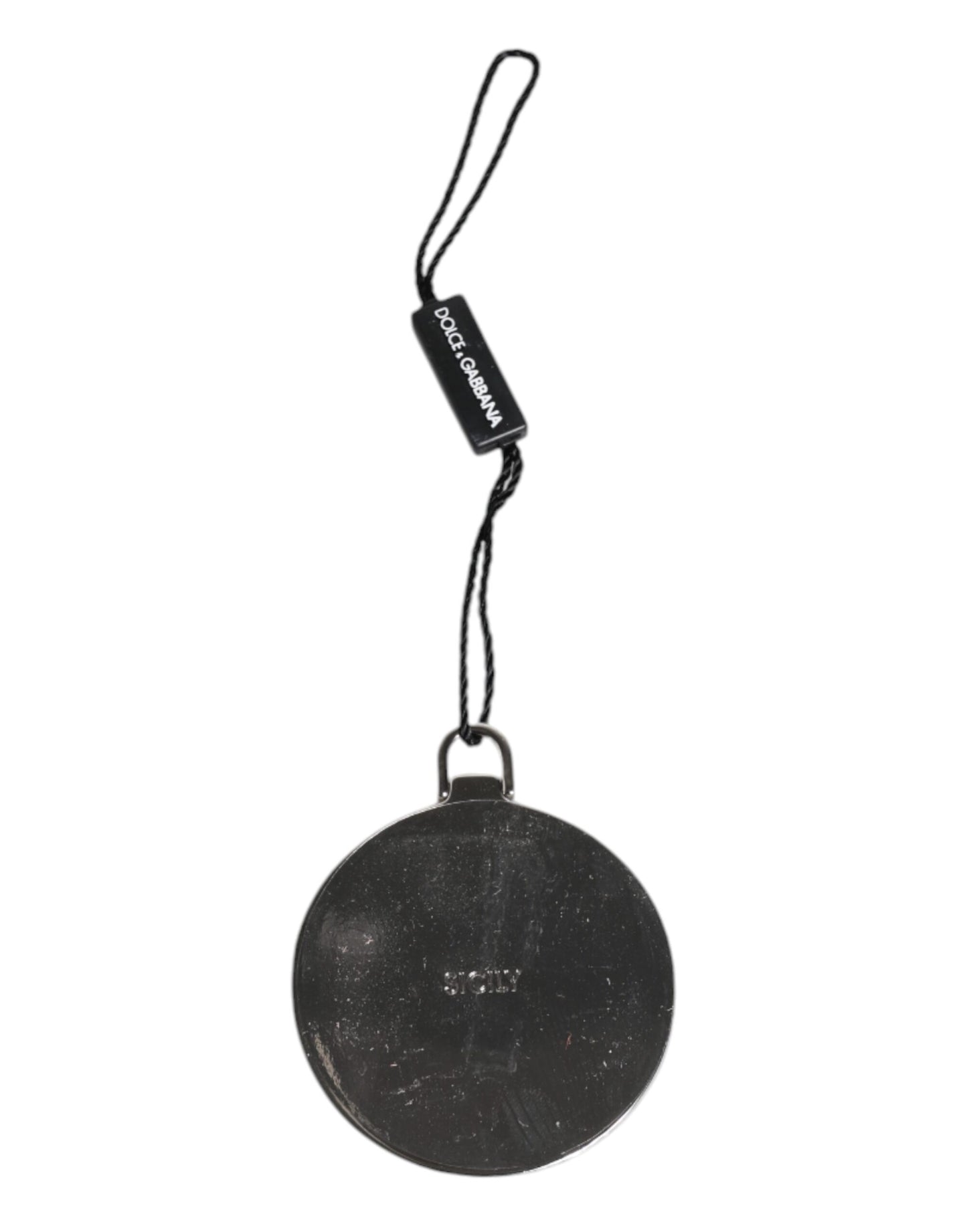 Dolce & Gabbana Green Calfskin Leather Round Logo Hand Mirror Holder