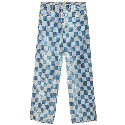 Blue Checkered Cotton Wide Leg Jeans