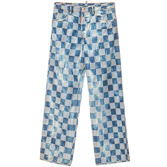 Blue Checkered Cotton Wide Leg Jeans