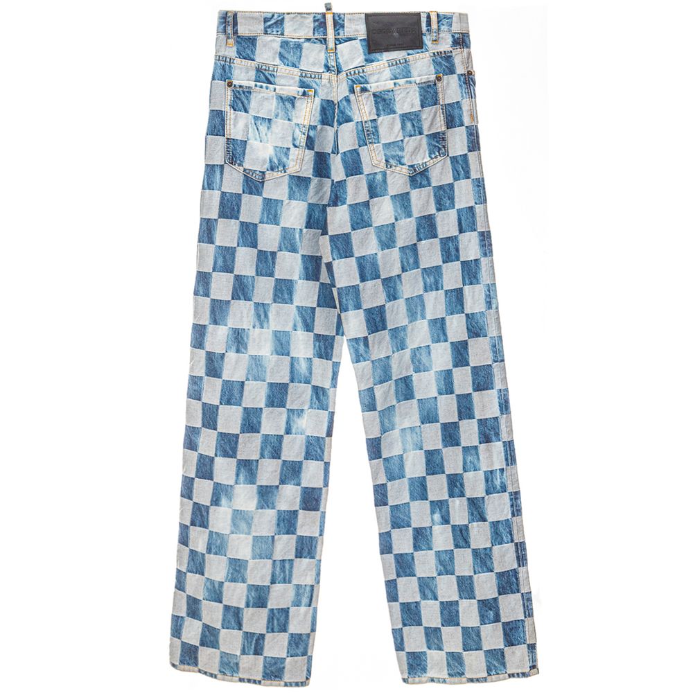 Blue Checkered Cotton Wide Leg Jeans