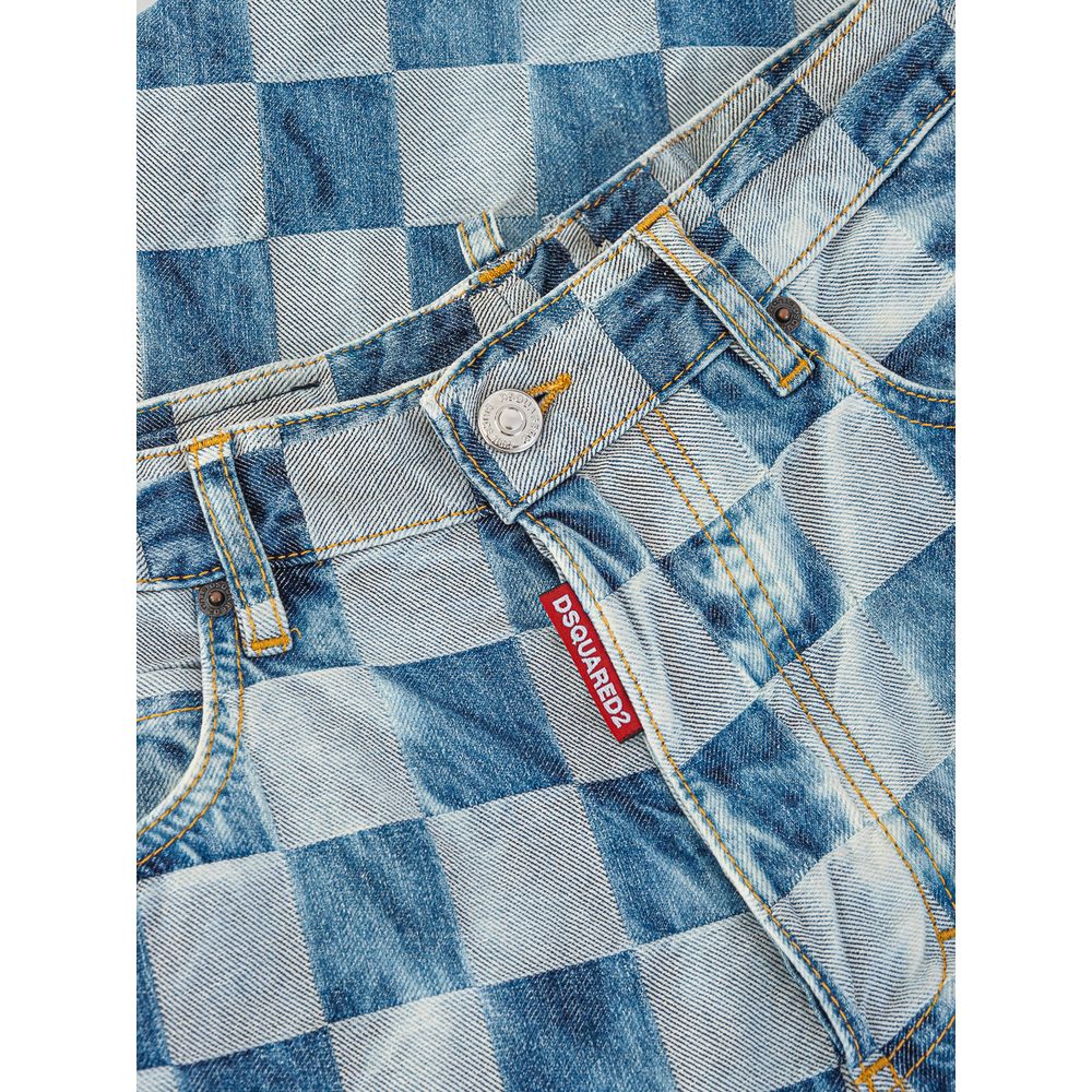 Blue Checkered Cotton Wide Leg Jeans