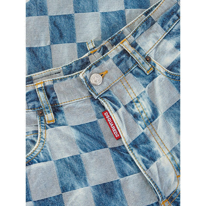 Blue Checkered Cotton Wide Leg Jeans
