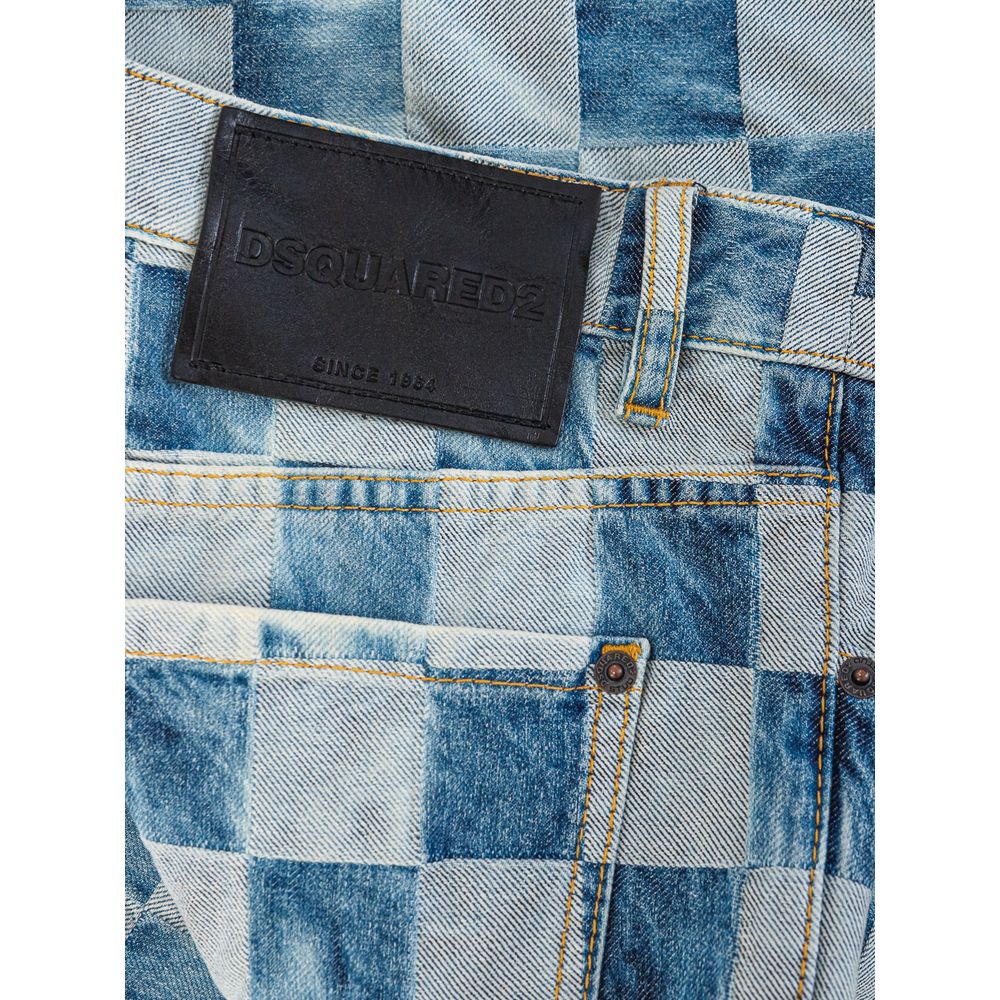 Blue Checkered Cotton Wide Leg Jeans
