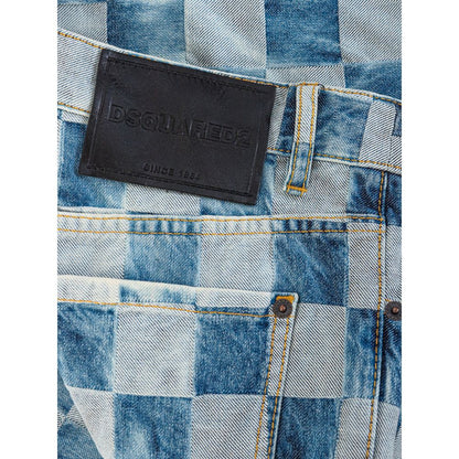 Blue Checkered Cotton Wide Leg Jeans