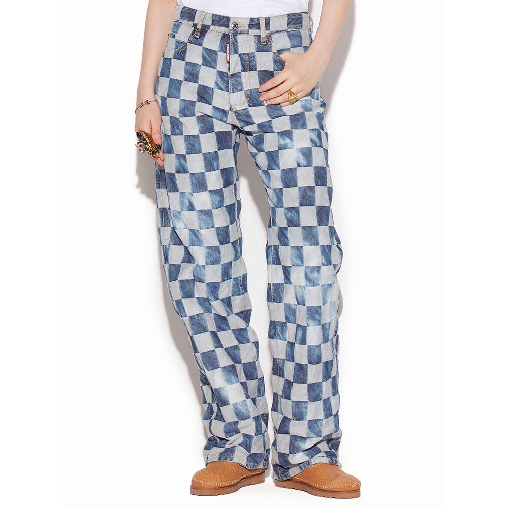 Blue Checkered Cotton Wide Leg Jeans