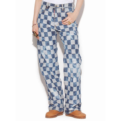 Blue Checkered Cotton Wide Leg Jeans