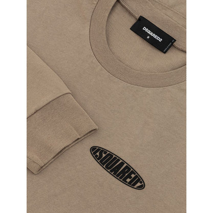 Beige Cotton Long Sleeve T-Shirt
