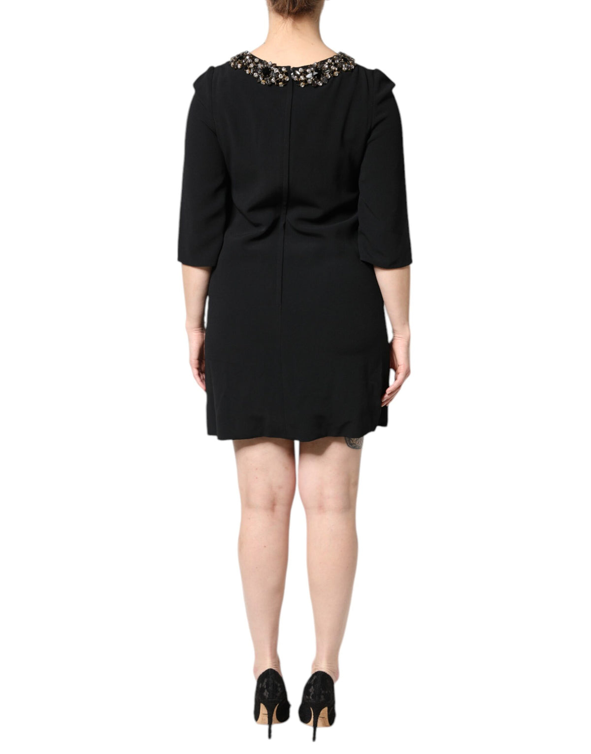 Dolce & Gabbana Women's A Line Shift Three-Quarter-Sleeve Round Neck Brass Cotton Viscose & Crystal Mini Dress - Black