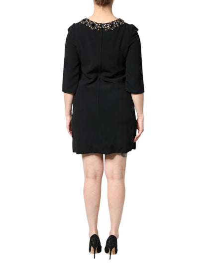 Dolce & Gabbana Women's A Line Shift Three-Quarter-Sleeve Round Neck Brass Cotton Viscose & Crystal Mini Dress - Black