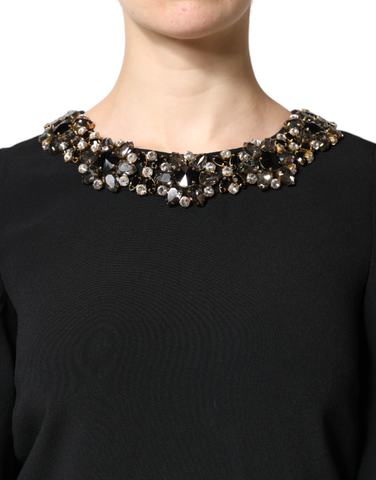 Dolce & Gabbana Women's A Line Shift Three-Quarter-Sleeve Round Neck Brass Cotton Viscose & Crystal Mini Dress - Black