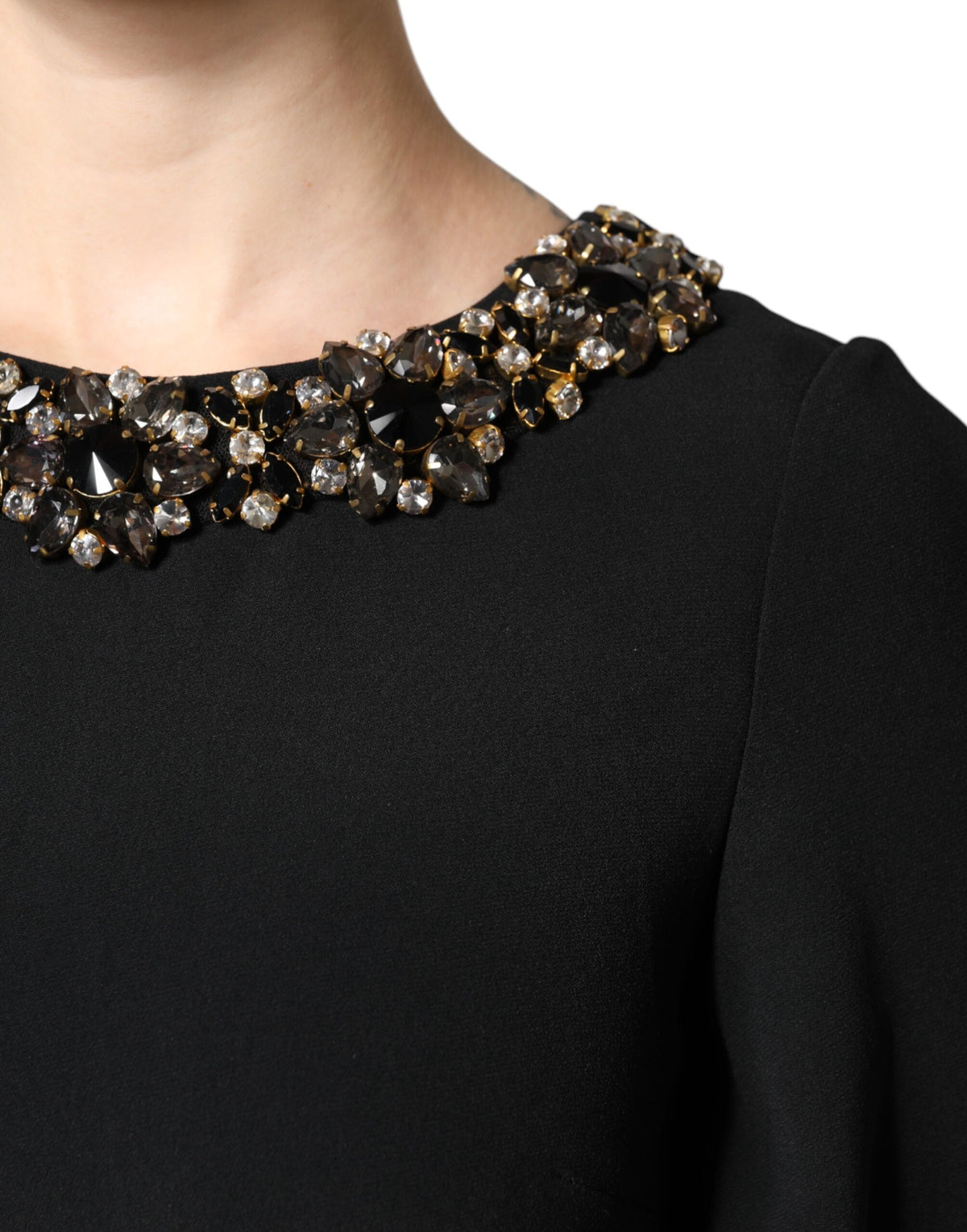 Dolce & Gabbana Women's A Line Shift Three-Quarter-Sleeve Round Neck Brass Cotton Viscose & Crystal Mini Dress - Black