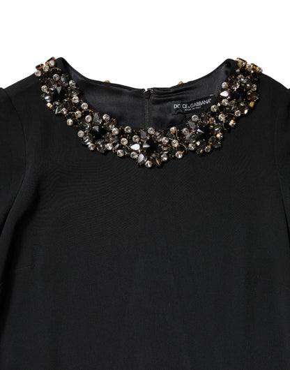 Dolce & Gabbana Women's A Line Shift Three-Quarter-Sleeve Round Neck Brass Cotton Viscose & Crystal Mini Dress - Black
