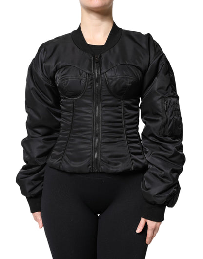 Dolce & Gabbana Women's Nylon & Polyester Bomber Jacket - Black Leopard Print Signature Print