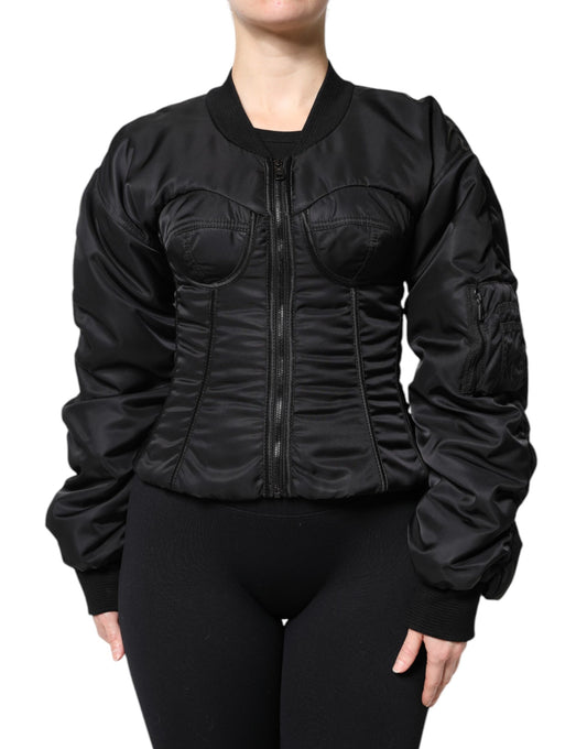 Dolce & Gabbana Women's Nylon & Polyester Bomber Jacket - Black Leopard Print Signature Print