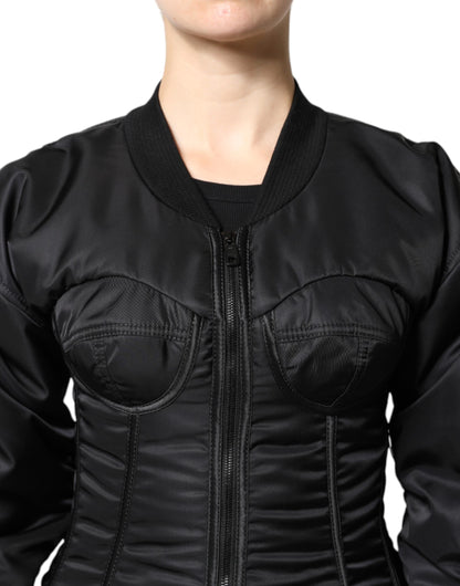 Dolce & Gabbana Women's Nylon & Polyester Bomber Jacket - Black Leopard Print Signature Print