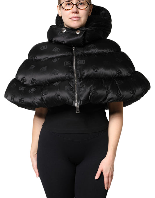 Dolce & Gabbana Women's Crop Top Padded Nylon Hooded Puffer Jacket - Black