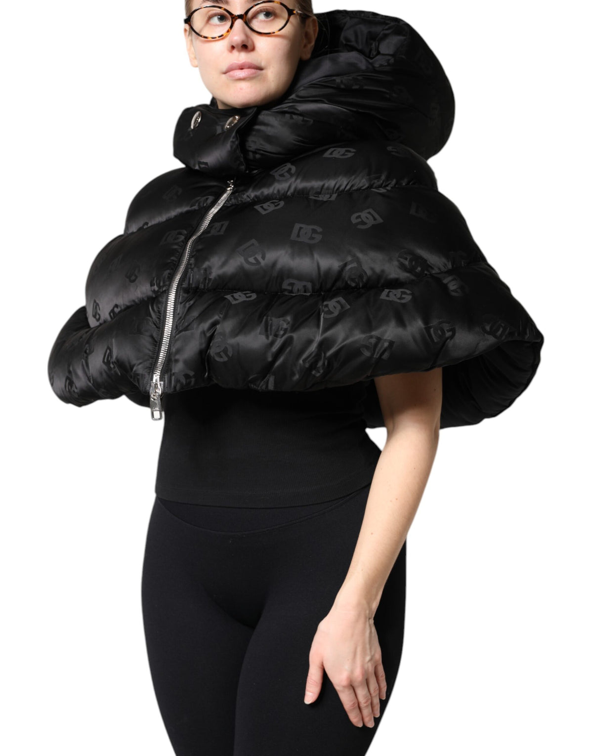 Dolce & Gabbana Women's Crop Top Padded Nylon Hooded Puffer Jacket - Black