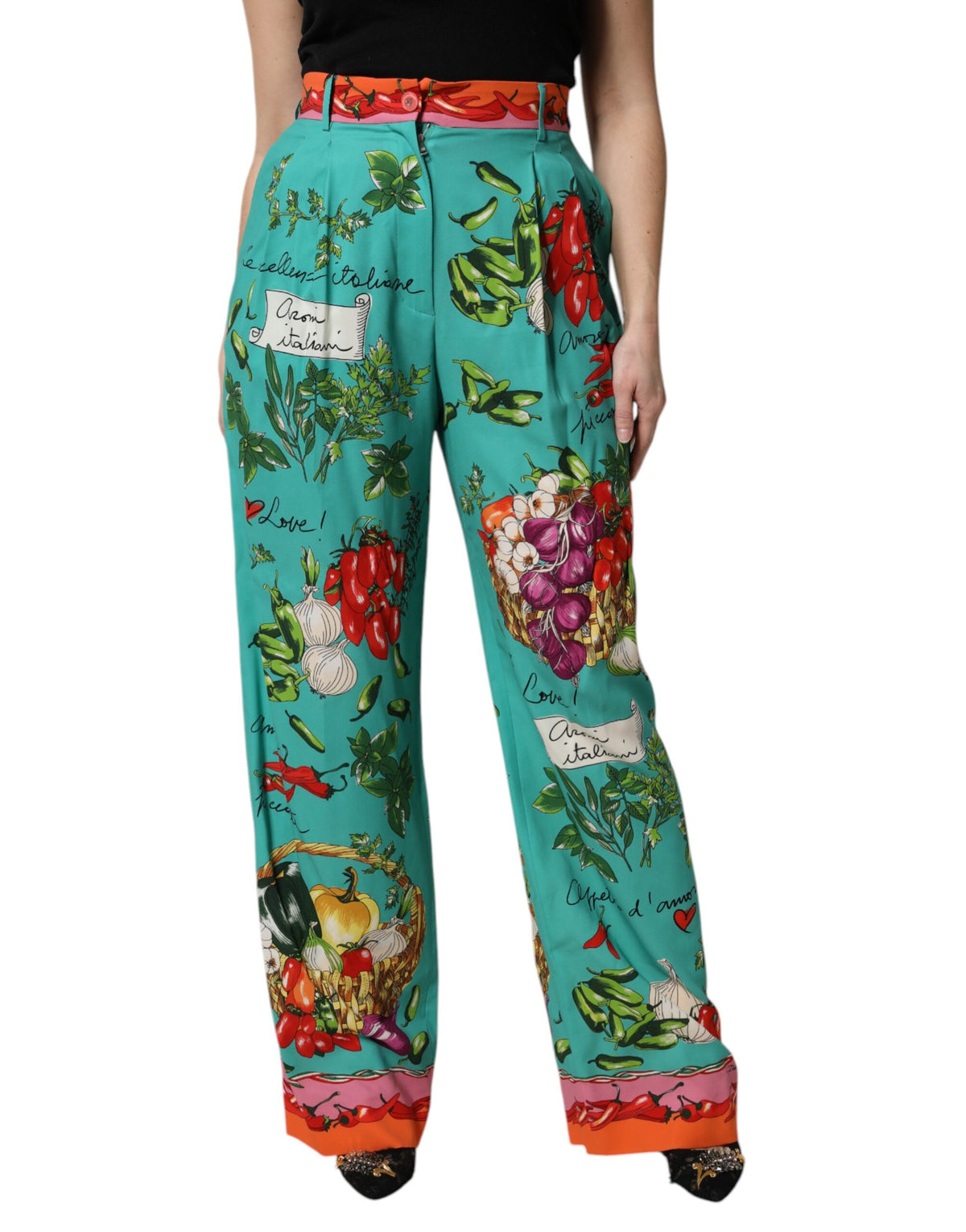 Dolce & Gabbana Women's Straight Regular Fit High Rise Silk Jeans - Green Print
