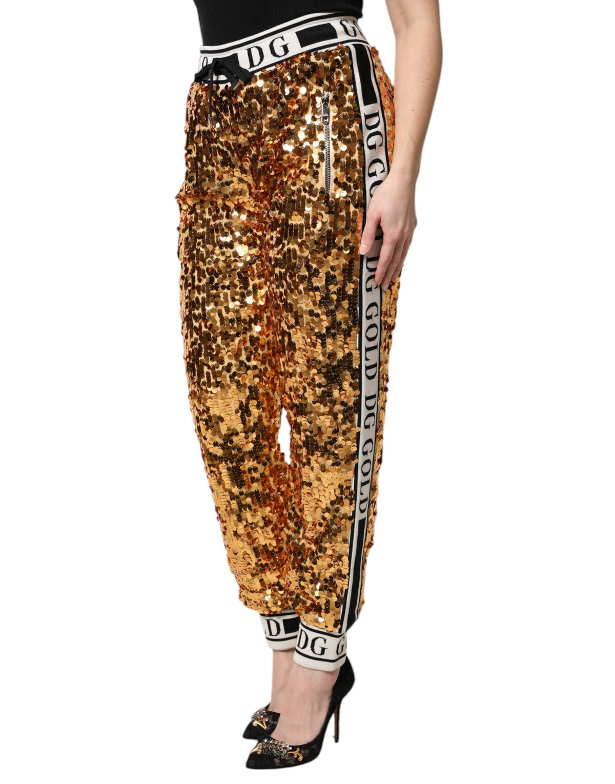 Dolce & Gabbana Women's Regular Fit High Rise Polyester & Silk Joggers - Gold Print