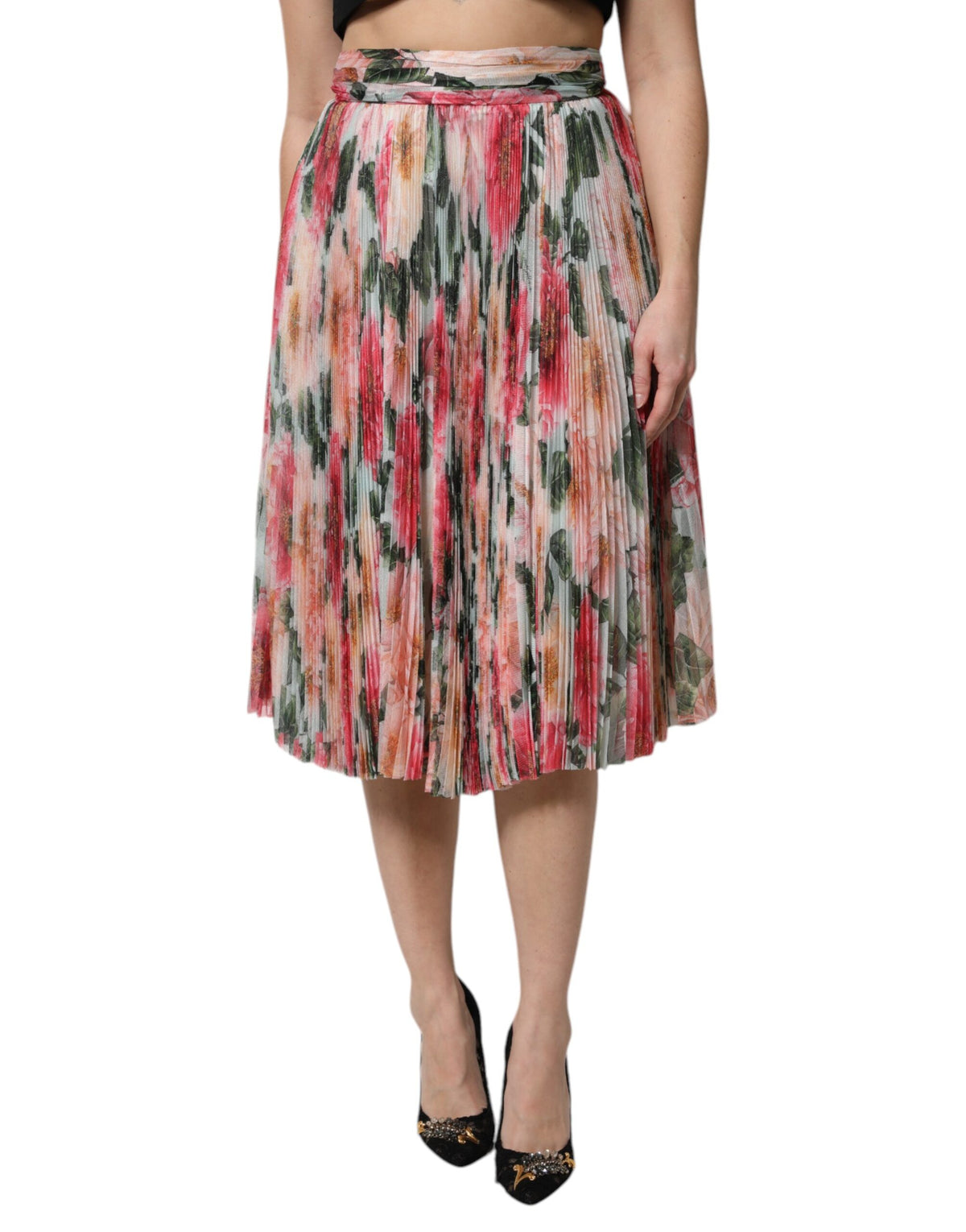 Dolce & Gabbana Women's A Line High Rise Stretch Cotton Nylon & Silk Midi Skirt - Multicolor Floral