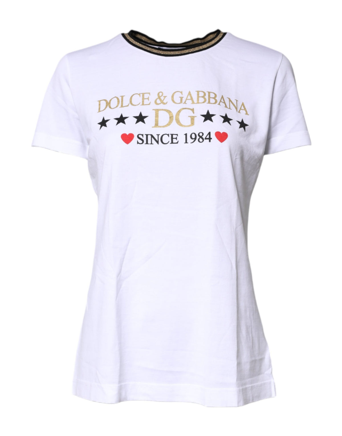 T-Shirt by Dolce & Gabbana for women in cotton white & print showcases a unassuming silhouette, artfully detailed with a refined round neckline and unassuming short-sleeve for a sophisticated, contemporary look.