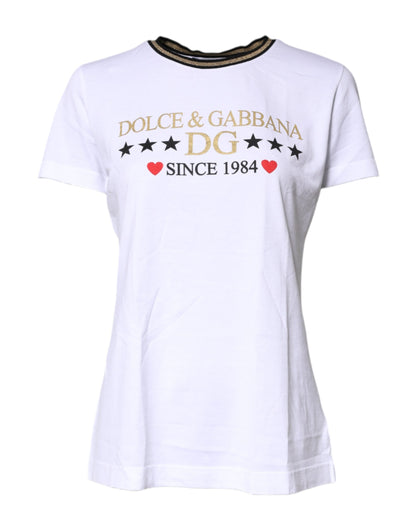 T-Shirt by Dolce & Gabbana for women in cotton white & print showcases a unassuming silhouette, artfully detailed with a refined round neckline and unassuming short-sleeve for a sophisticated, contemporary look.